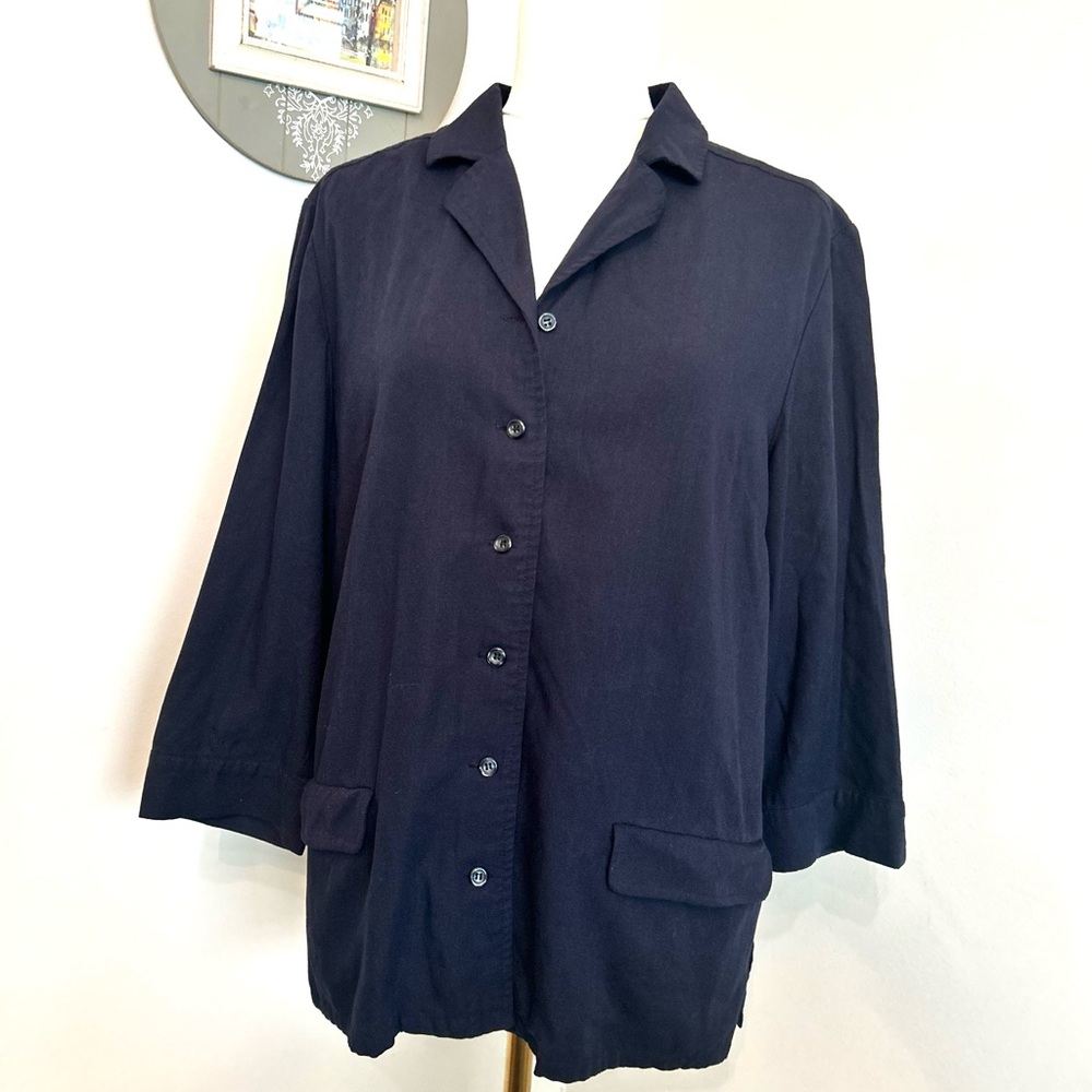 Talbots Navy Linen Blend Blazer Jacket Collared Button Down Shacket Size 14